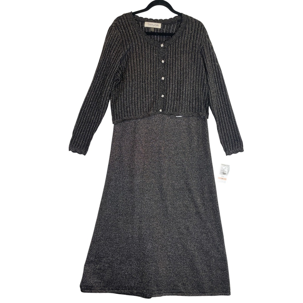 Taylor 2X Black Silver Metallic Knit Dress & Cardigan Set‎ Plus Size Party